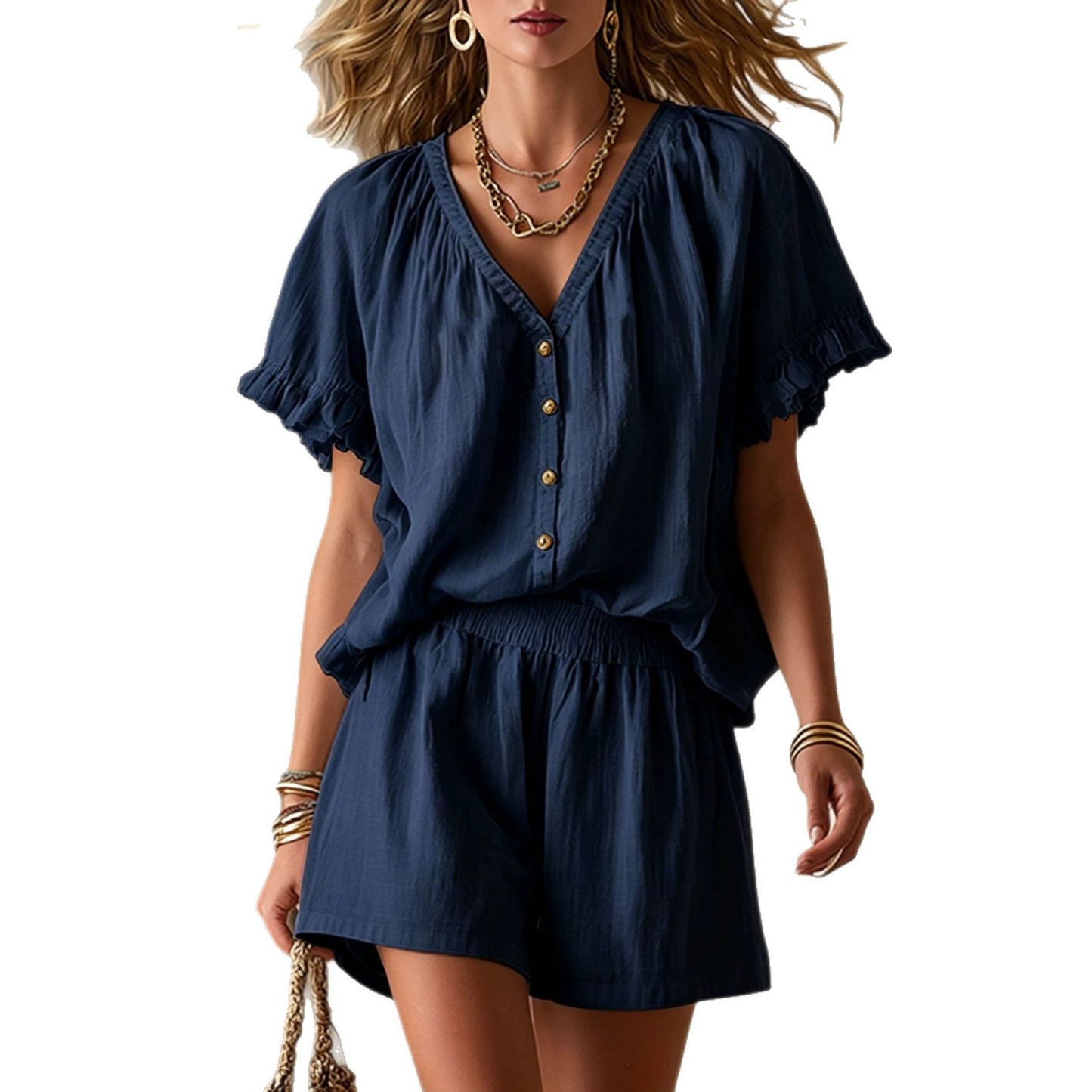 Women's Summer Short-sleeved Solid Color Vacation Style Fashion Casual Suit
