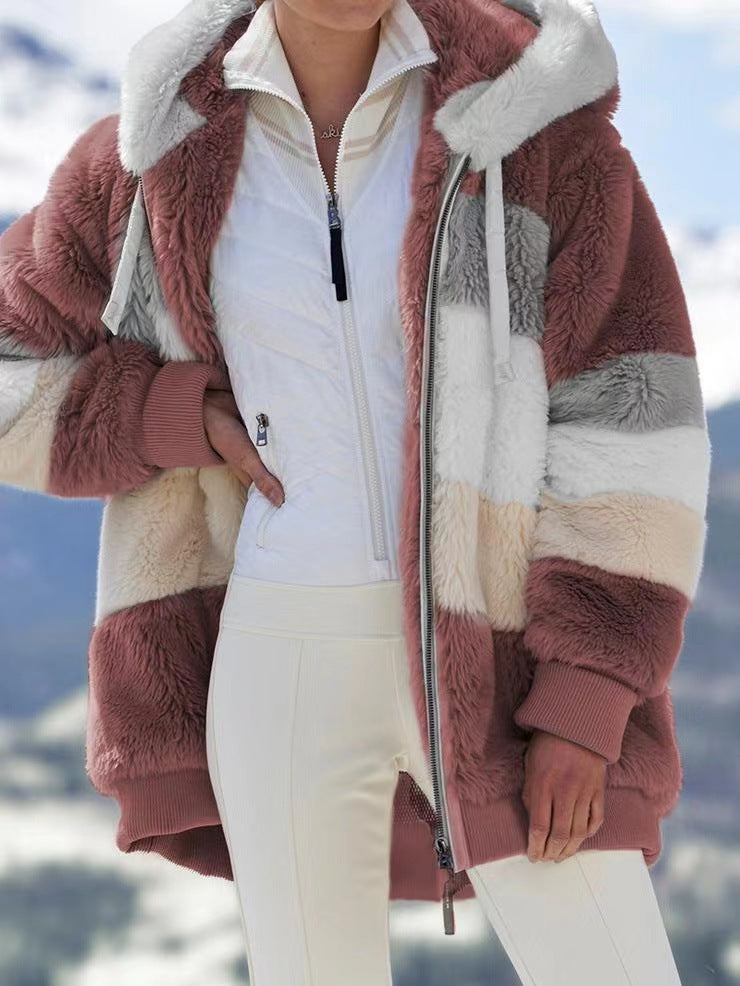 Women's Warm Plush Patchwork Zipper Pocket Hooded Coats