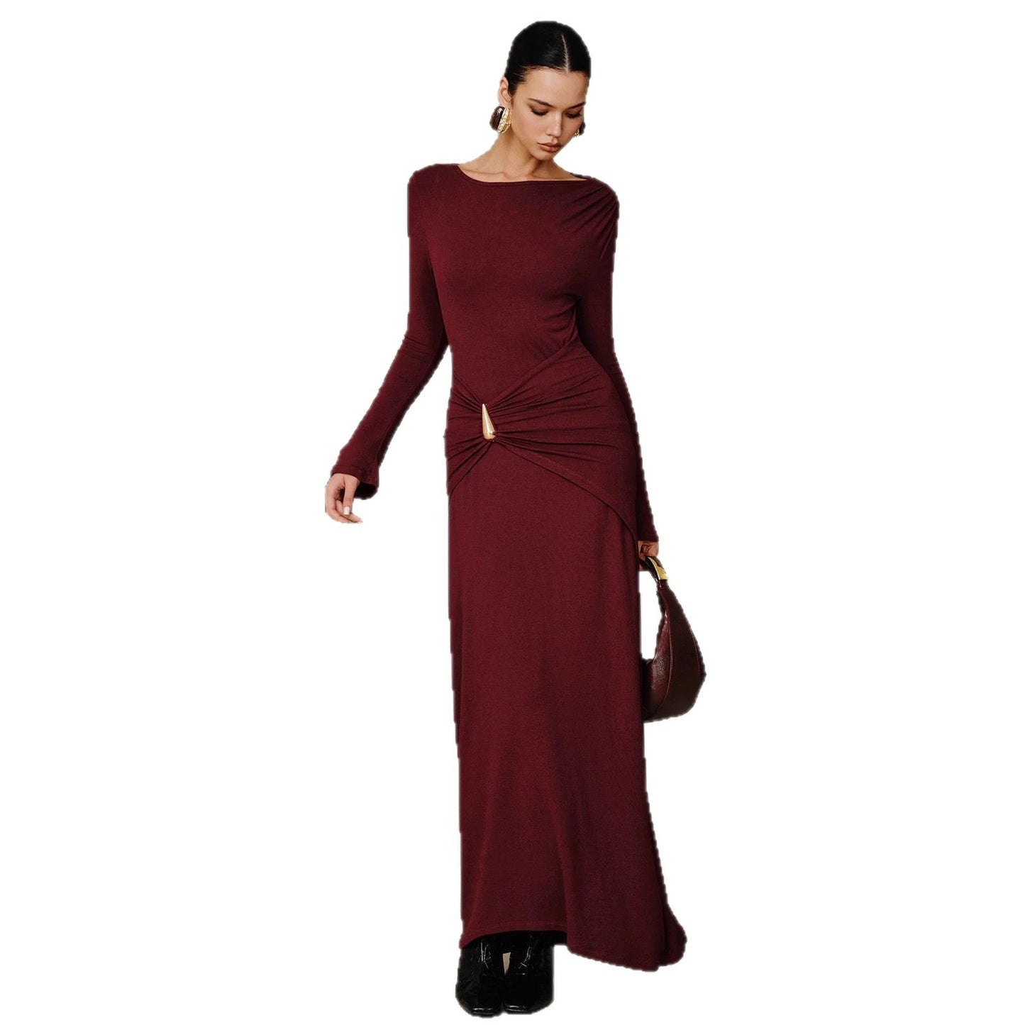 Women's Solid Color Round Neck Metal Decoration Temperament Long Dress