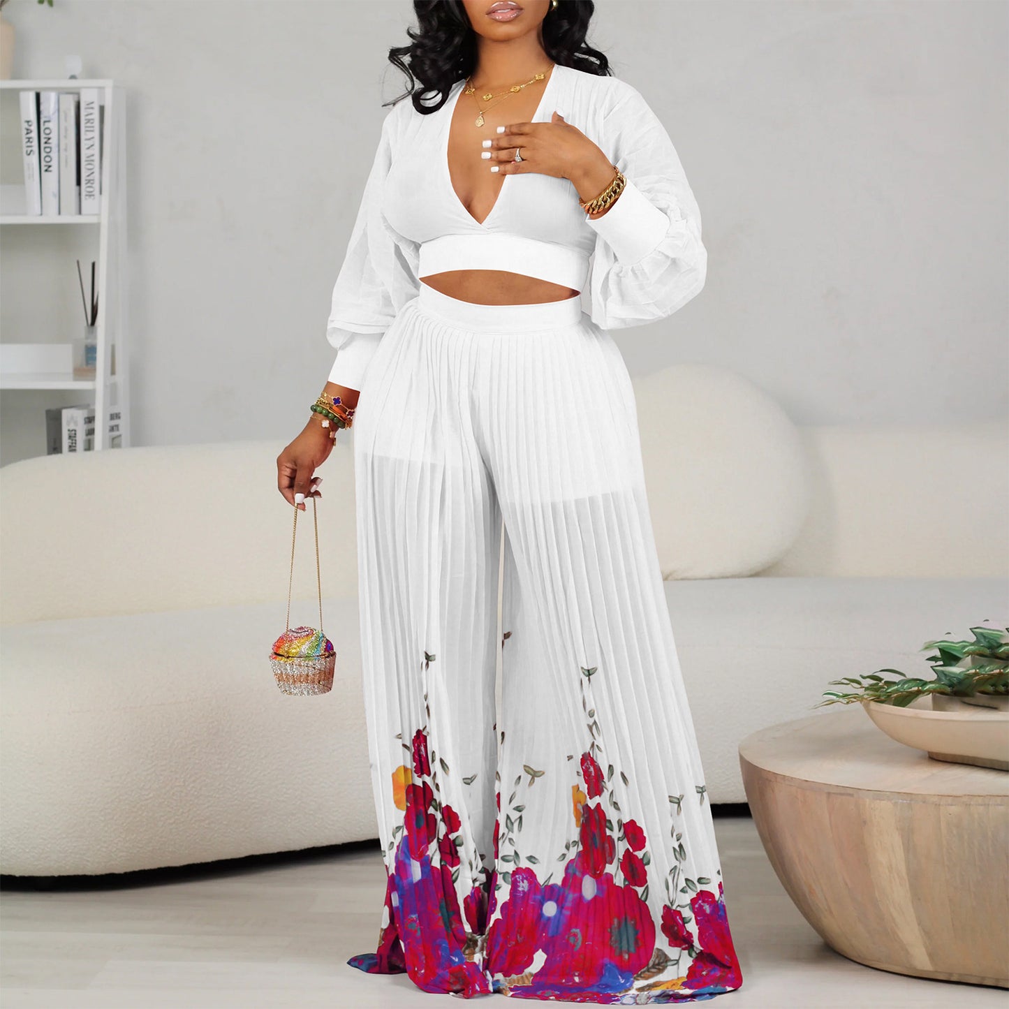 Pretty Chiffon Bishop Sleeves Pleated Two-piece Fashion Casual Suit