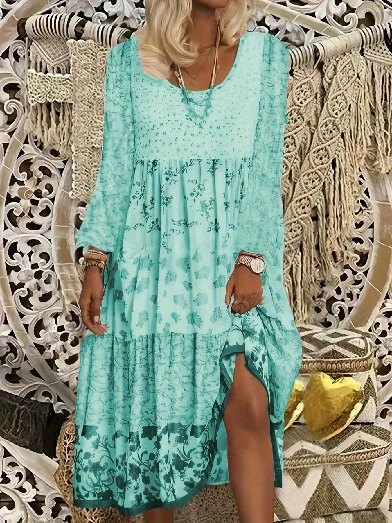 Casual Women's Long-sleeved Printed Round Neck Dress