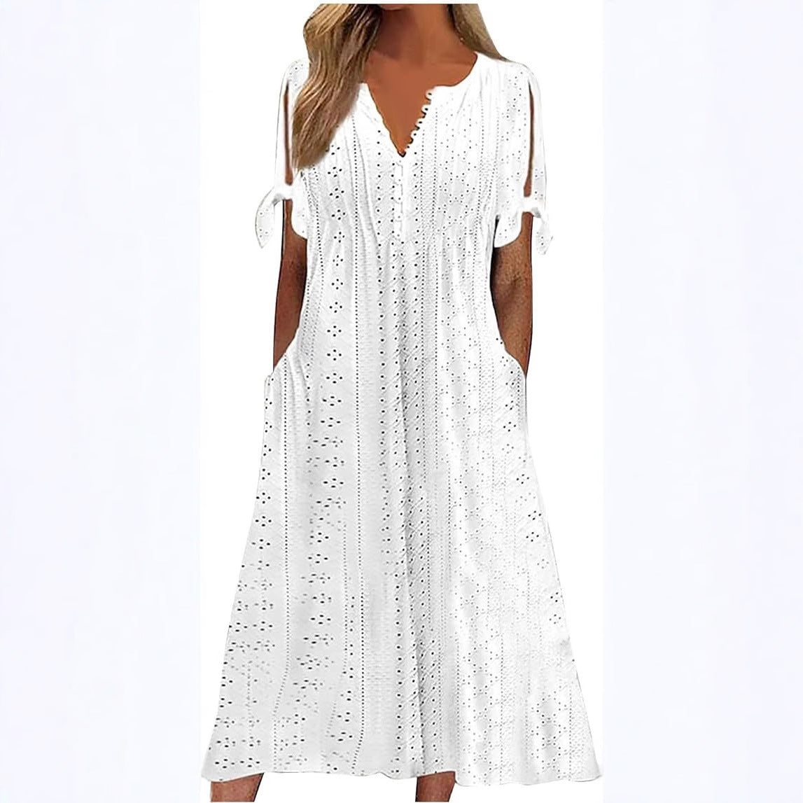Women's Single Breasted Cuff Knotted Sleeve Eyelet Dresses