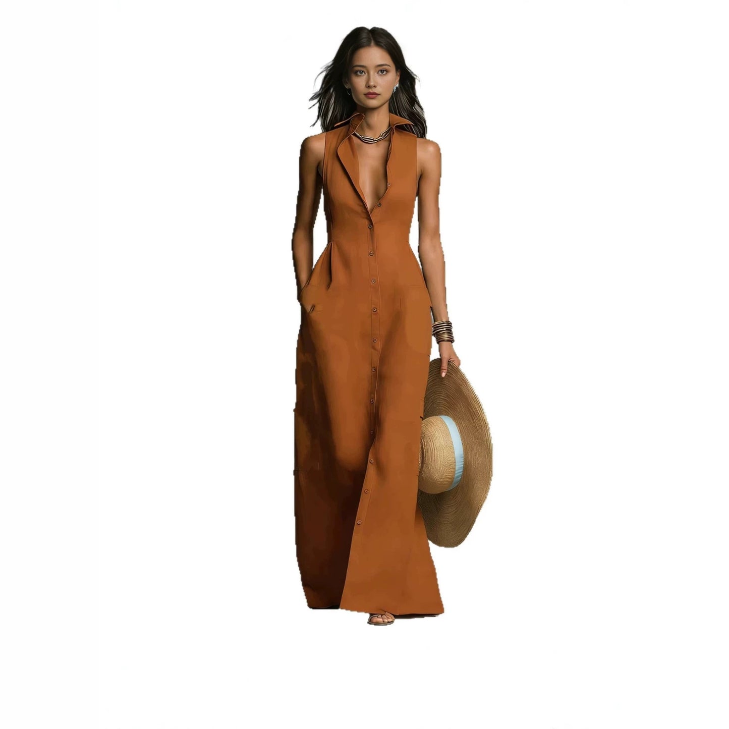 Classic Casual Summer Breasted Sleeveless Collar Dress