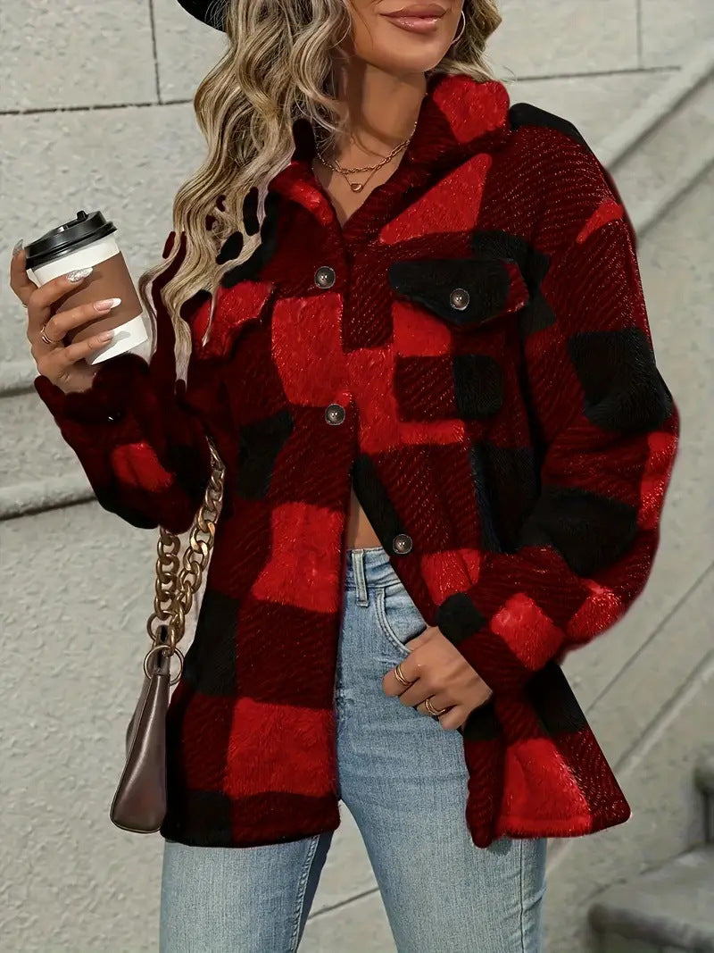 Women's Button Lapel Plush Plaid Loose Casual Coats