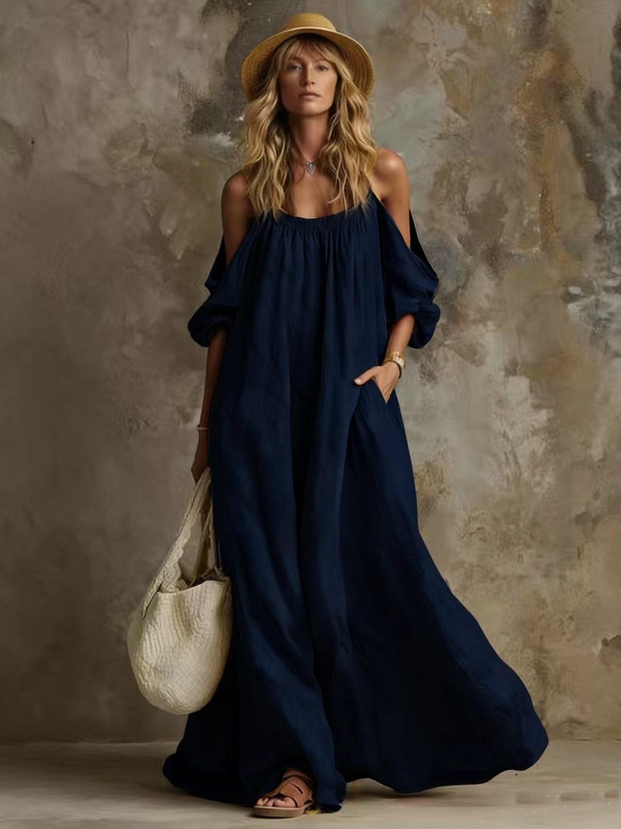 Vacation Style Pocket Strap Cotton Linen Dress