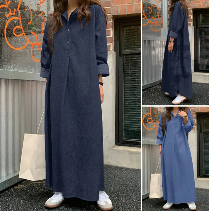Denim Solid Color Temperament Commute Bohemian Dress