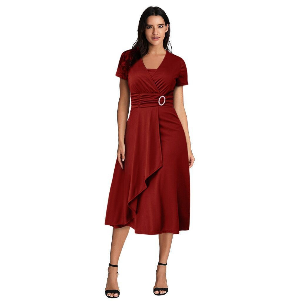 Women's Ladies Elegant Sexy Asymmetric Large Swing High Waist Mid-length Solid Dress