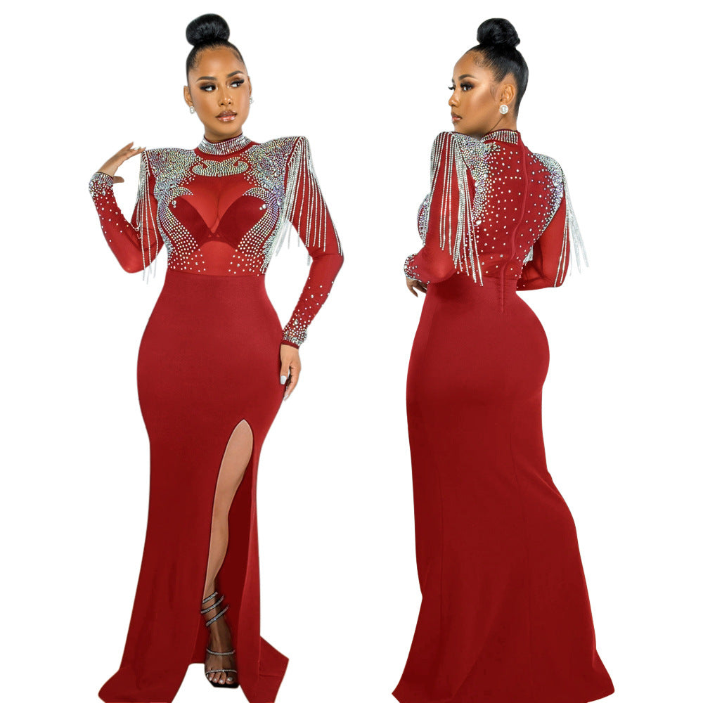 Women's Sexy Mesh Rhinestone Slim Fit Slit Dresses