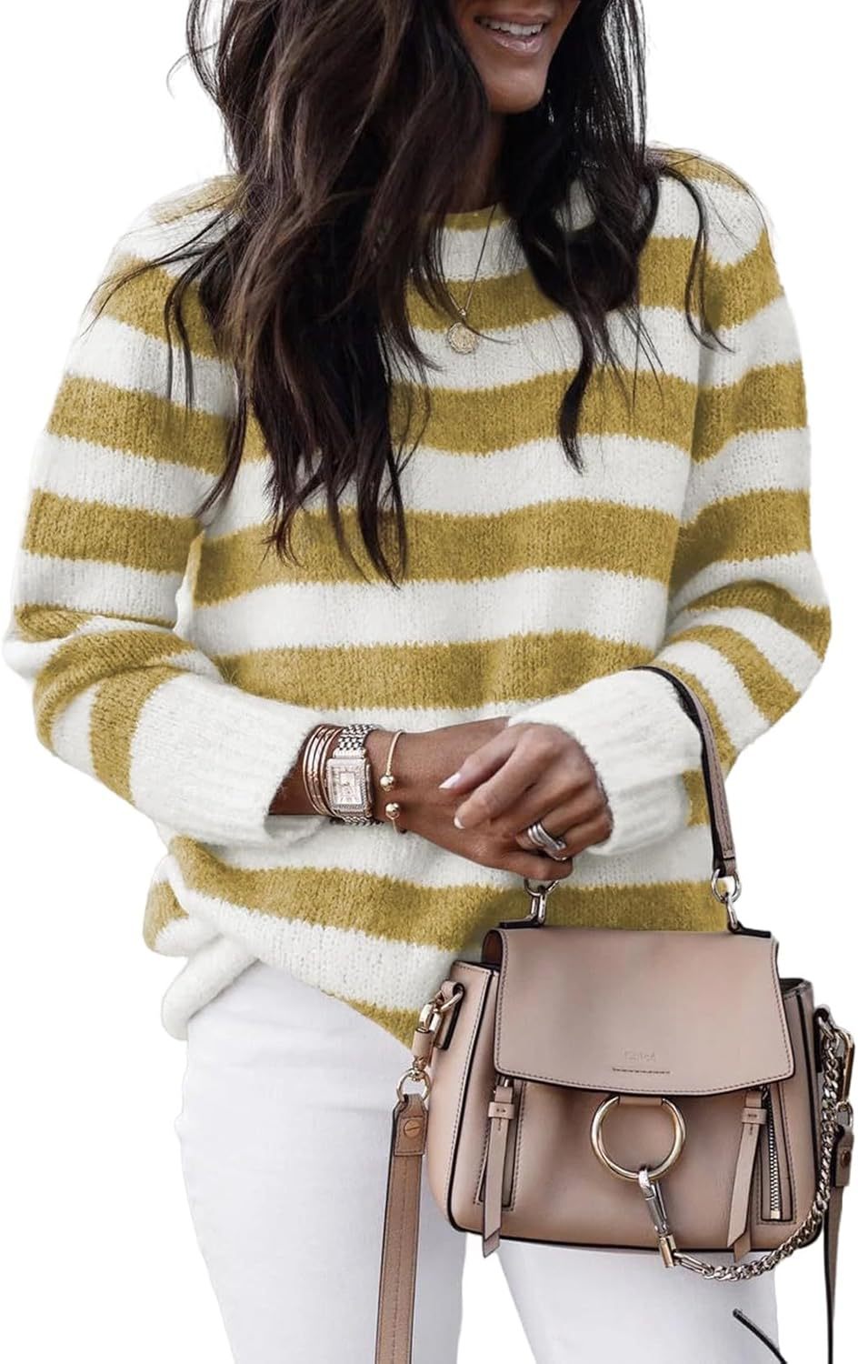 Women's Neck Striped Cute Color Matching Pullover Sweater