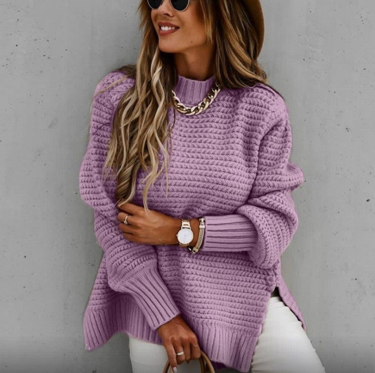 Women's Turtleneck Loose-fitting Solid Color Long Sleeves Side Slit Knitted Sweater