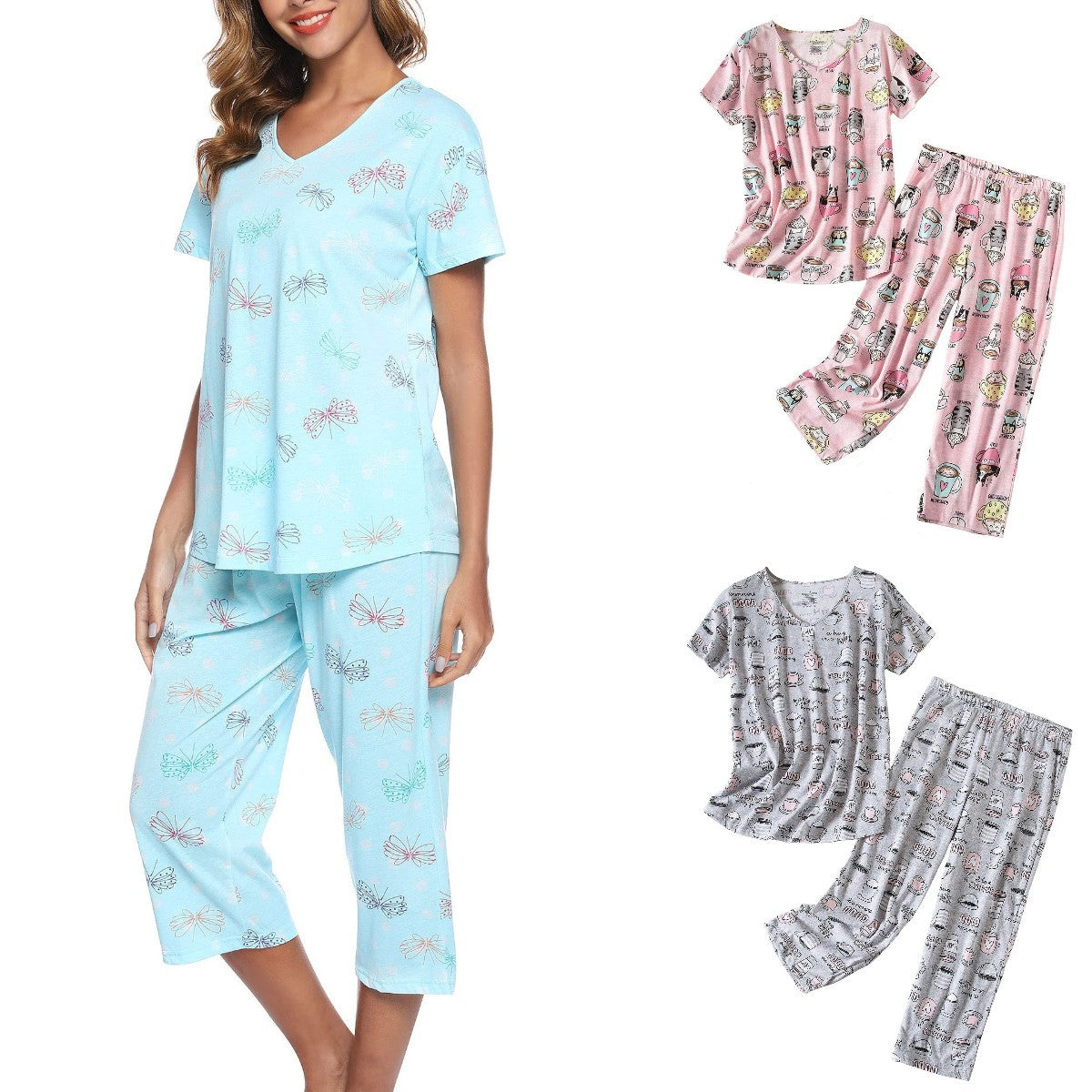 Women's Short-sleeved Cropped Knitted Cotton Pajama Fashion Casual Suit