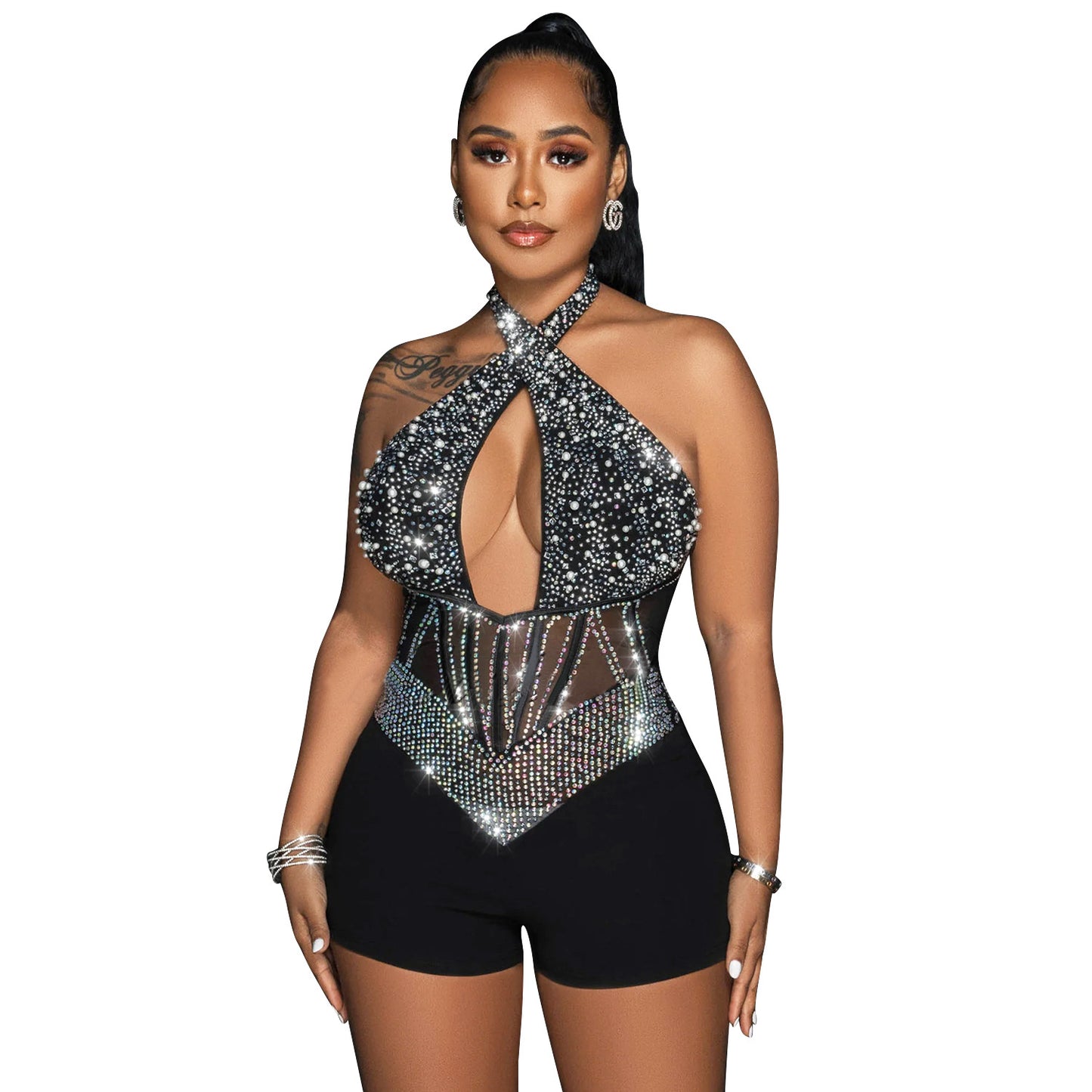 Women's Sexy Mesh Tight Halter Rhinestone Jumpsuits