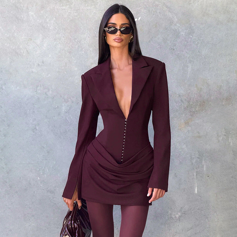 Women's Solid Color Sexy Deep Pleated Waist Tight Suits
