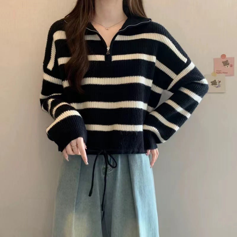 Women's Loose Half Zipper Lapel Striped Outer Wear Shorts