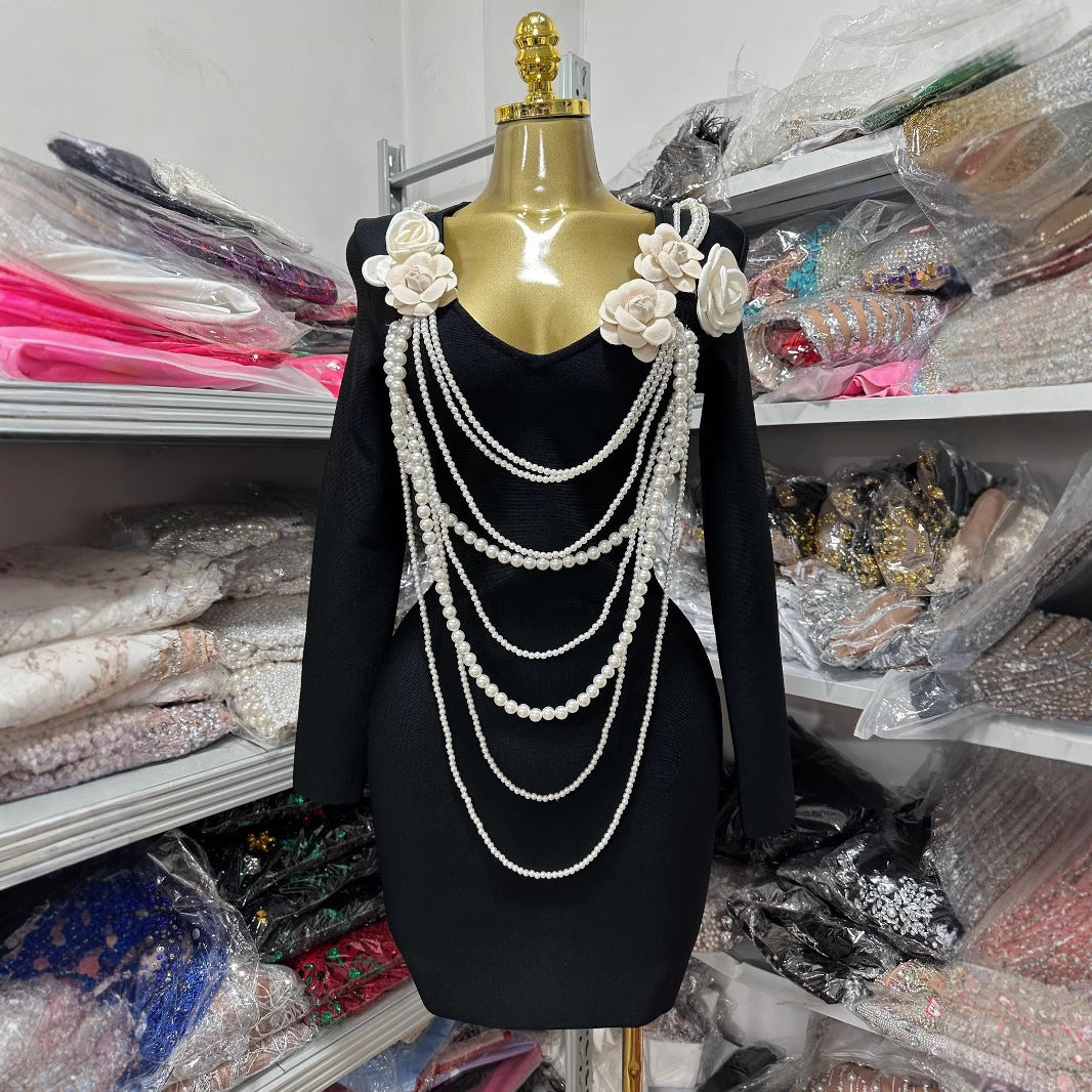Fashion Pearl Necklace Retro Style Bandage Dresses