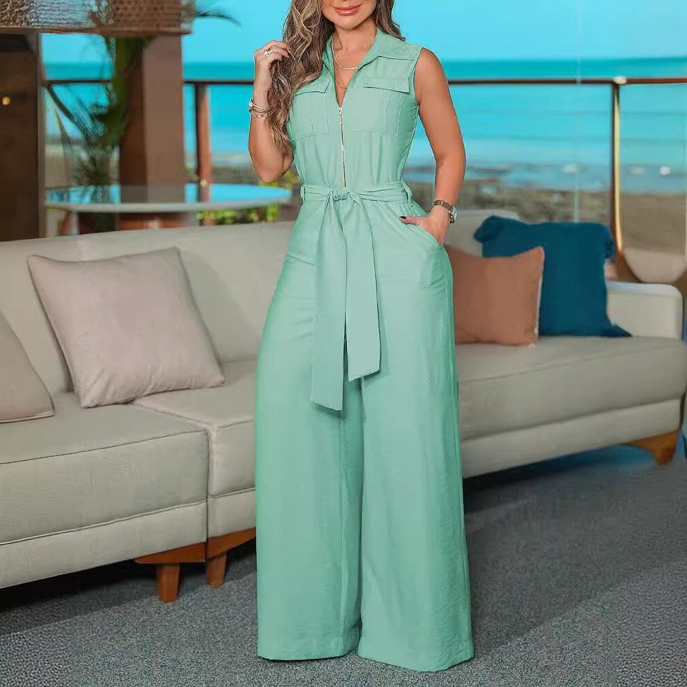 Women's Shirt Collar Sleeveless Solid Color Zipper Jumpsuits