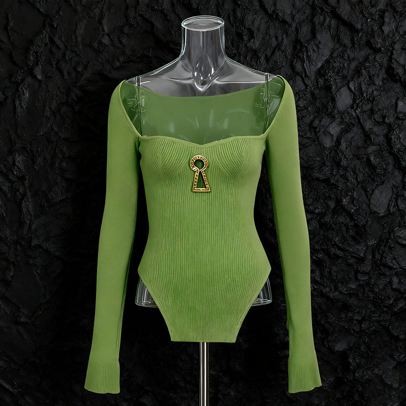 Hot Metal Buckle Decorative Pullover Stretch Sweaters