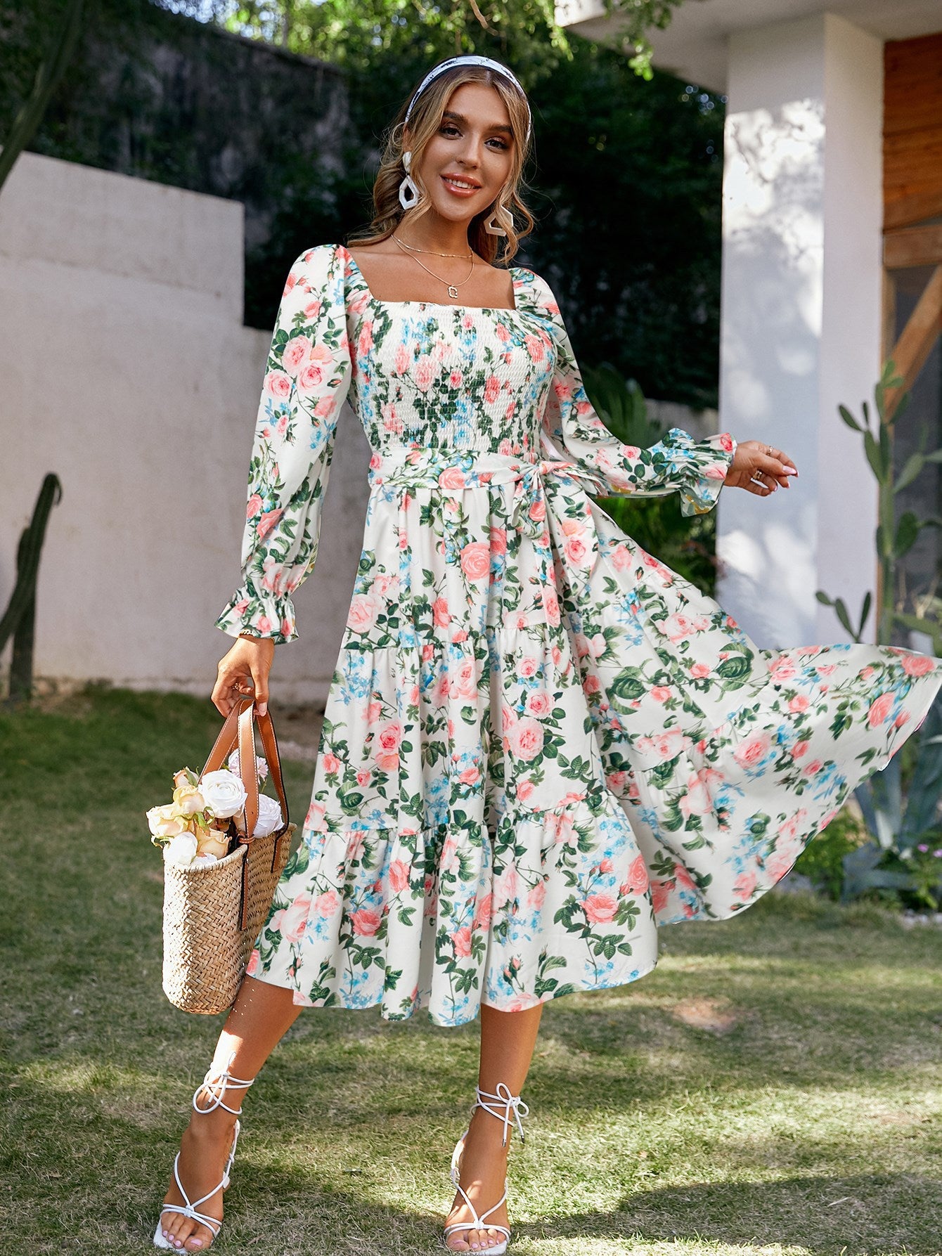 Square Collar Flared Long Sleeve Smocking High Dress