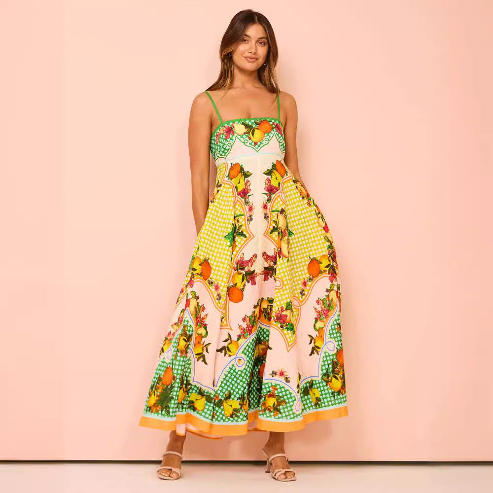 Women's Sling Temperament Printed High Waist Big Dresses