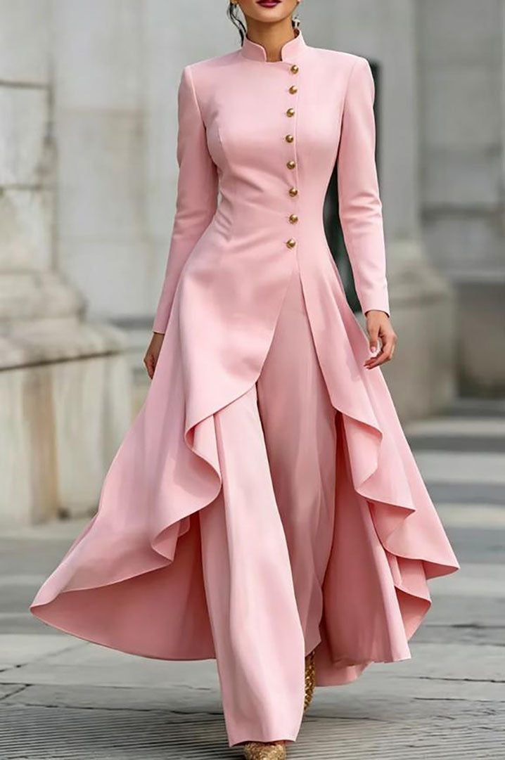Style Turtleneck Fake Button Solid Color Elegant Fashion Casual Suit