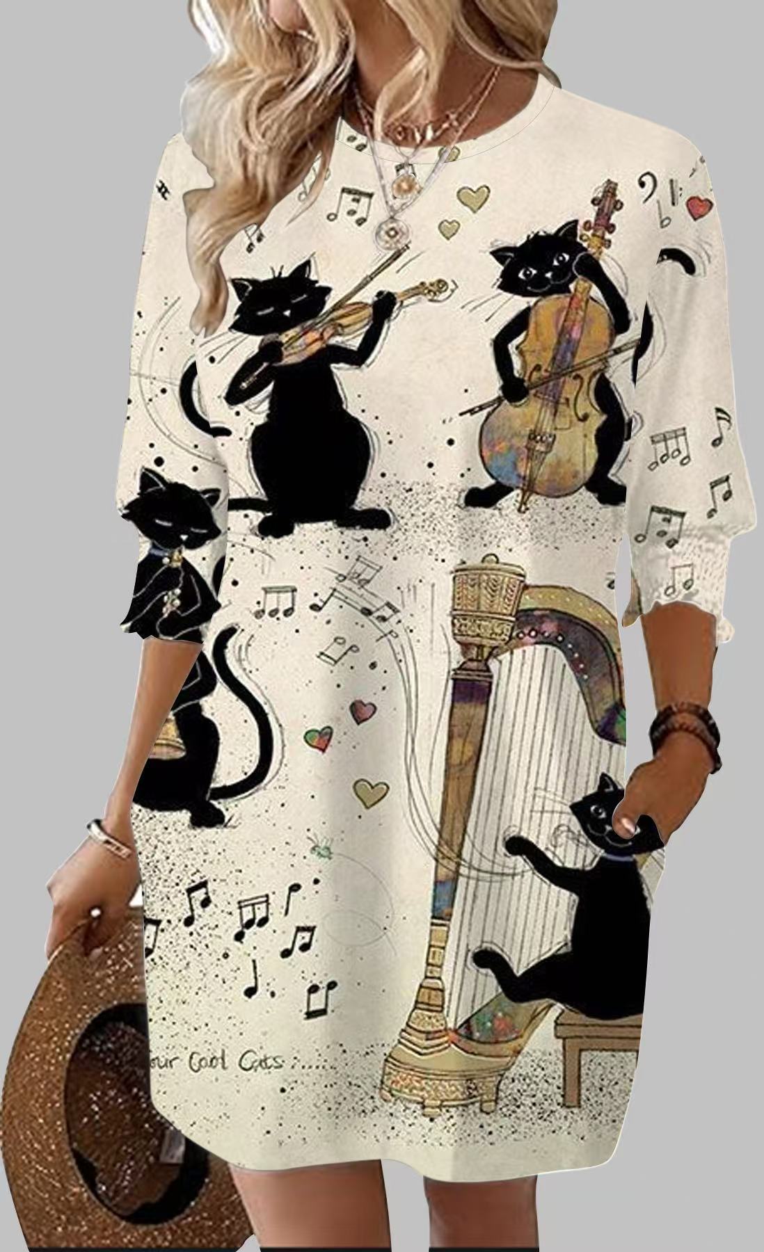 Women's Color Round Neck Loose Middle Sleeve Dresses
