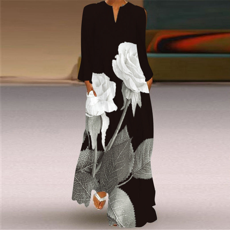 Women's Long Dress Sleeve Pocket Printed Loose Dresses