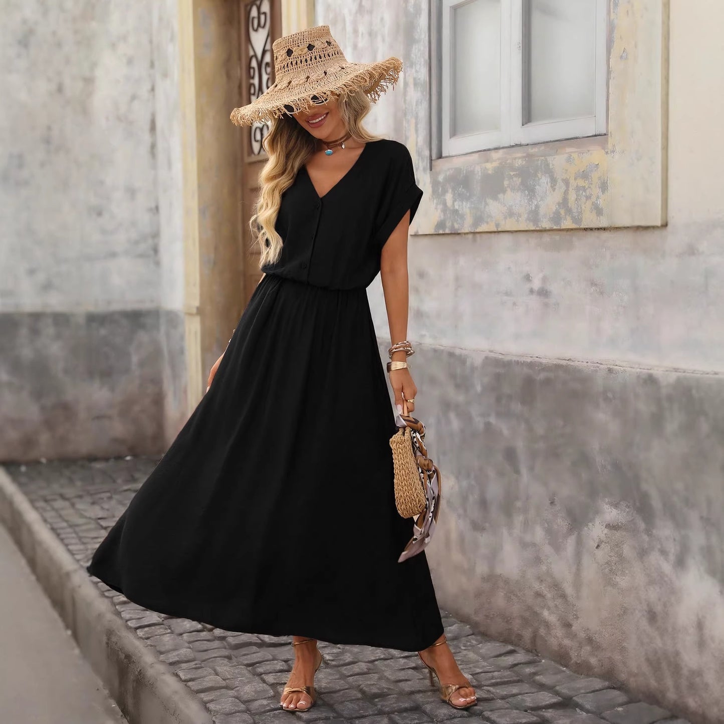 Women's Summer Solid Color Waist Tight Batwing Sleeve Dress