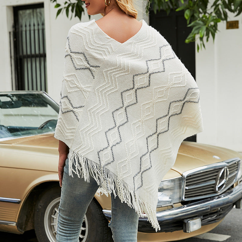 Women's Autumn Wave Striped Cloak Tassel Inverness Clothing