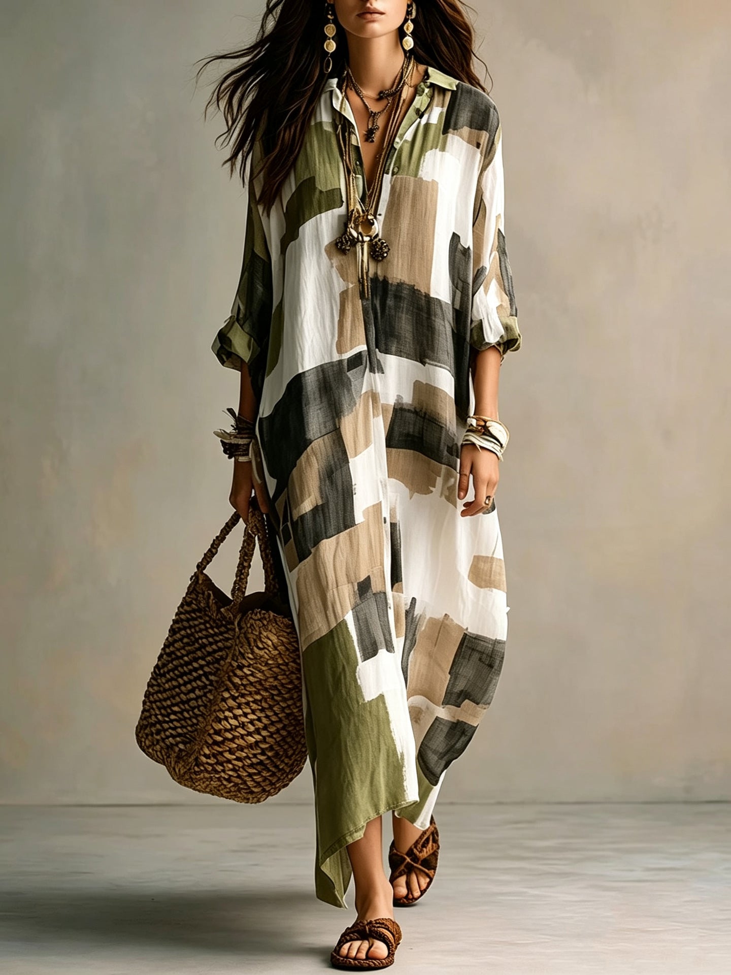 Women's Summer Geometric Printed Shirt Long Casual Vacation Style Dress