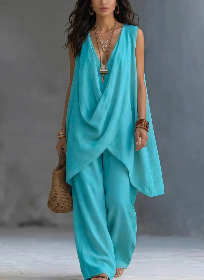 Women's Sleeveless Stand Collar Solid Color Loose Temperament Cotton Fashion Casual Suit