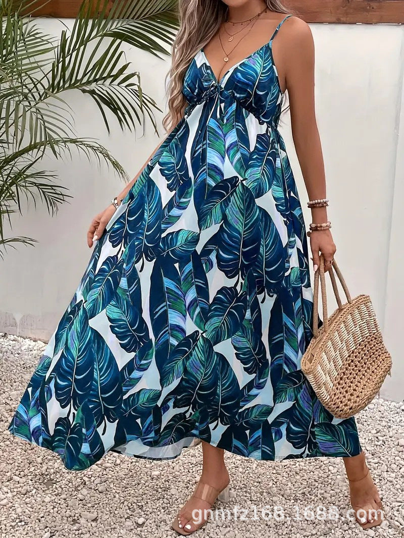 Summer Printed Spaghetti Straps Sleeveless Tropical Printing Dress