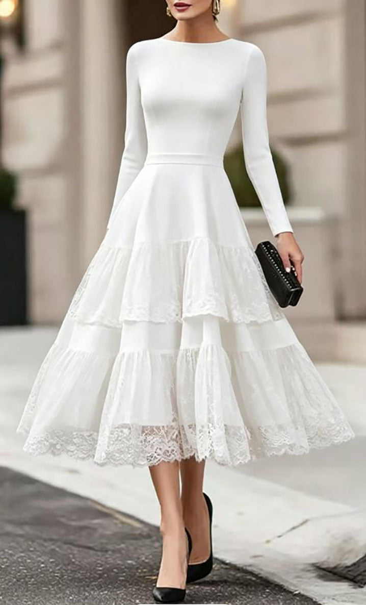 Women's French Style Elegant Hepburn Long Sleeve Mesh Stitching High-grade Dress