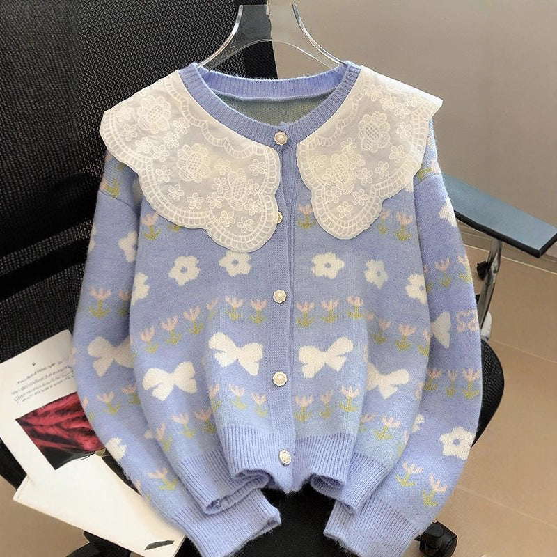 Women's Korean Patchwork Lace Peter Pan Collar Younger Fashion Loose Sweater