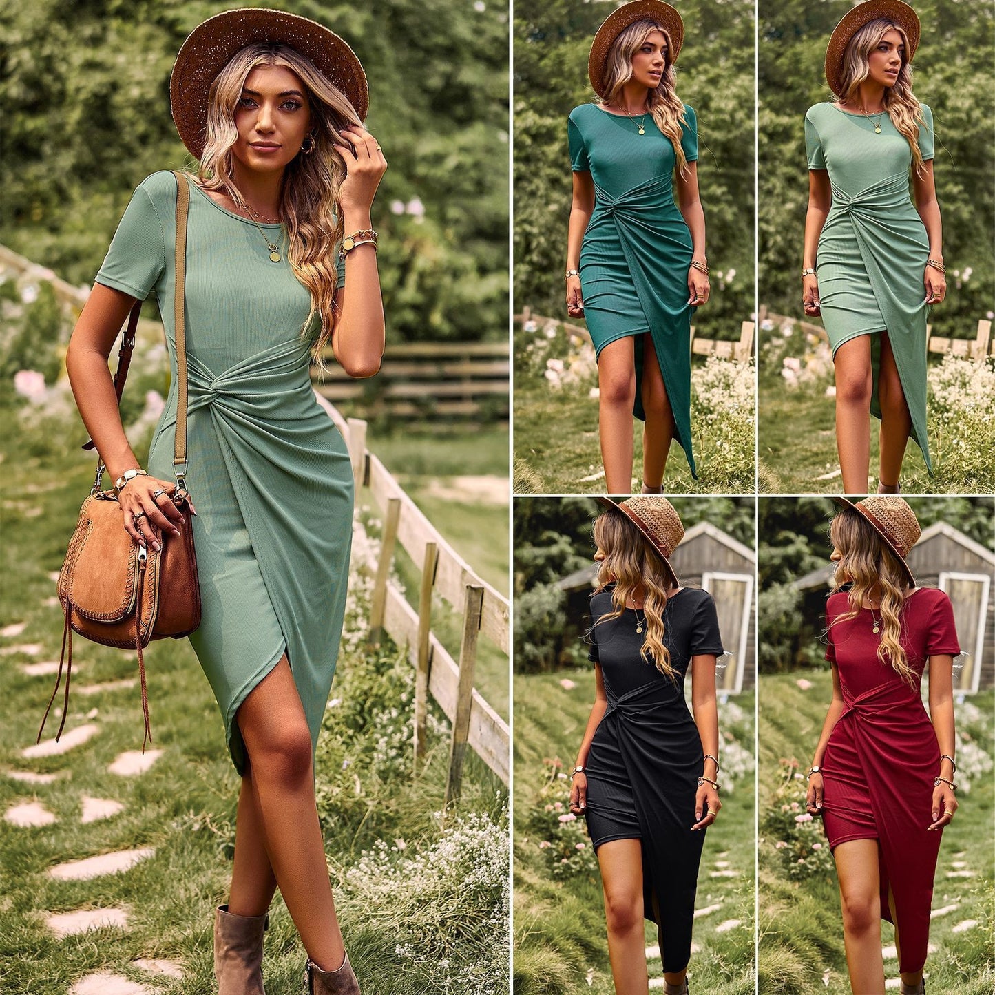 Women's Solid Color Short-sleeved Summer Fashion Pleated Irregular Slim Dress