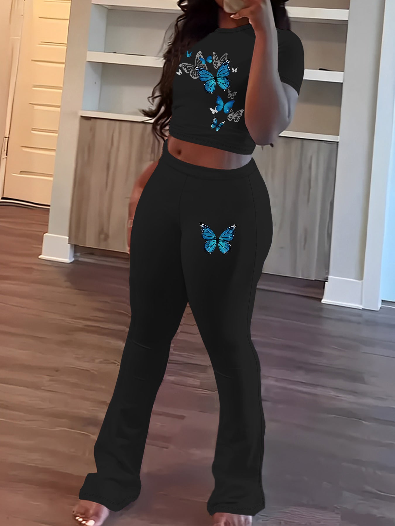 Women's Spring Printing Short-sleeved Round Neck Trousers Suits