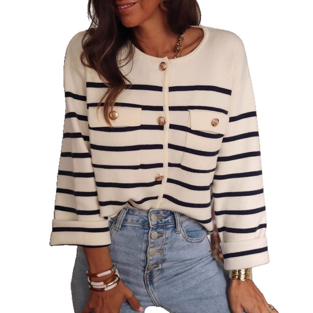 Women's Black White Striped Button Knitted Casual Sweaters