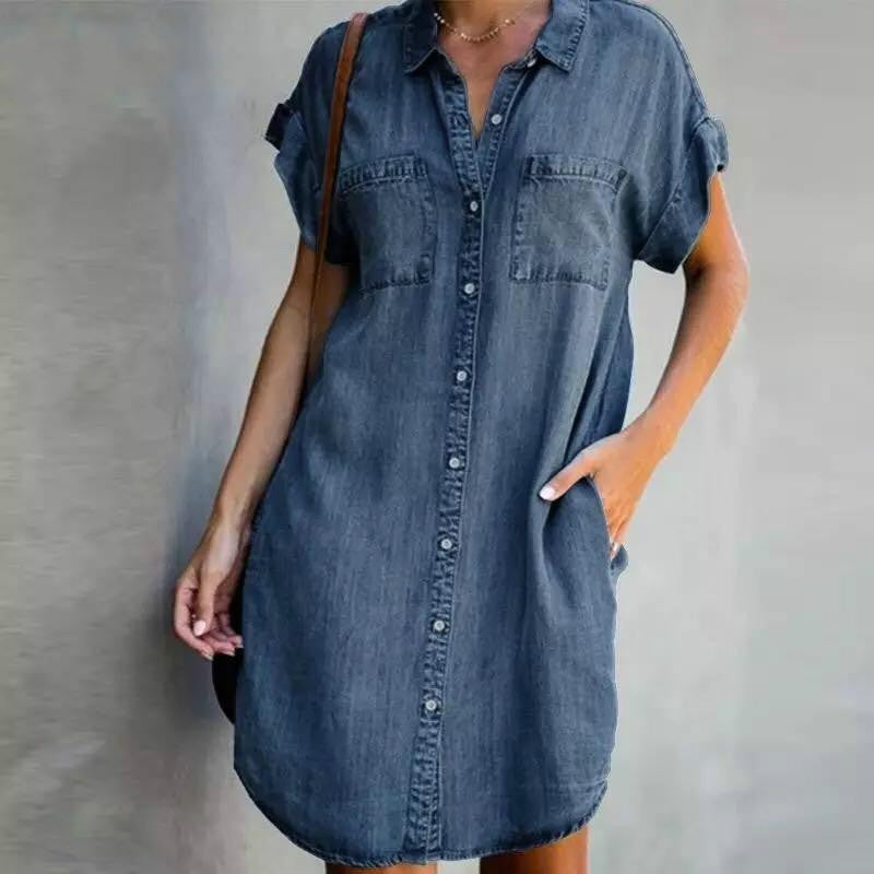 Women's Lapel Sleeve Slim Dress Denim Shirt Dresses