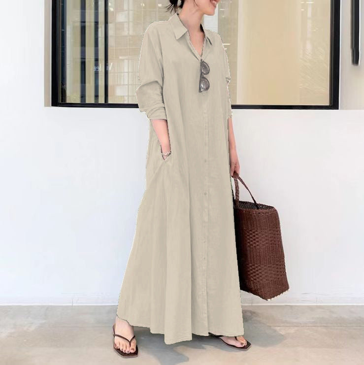 Solid Color Lapel Long Sleeve Pocket Simple Loose Dress