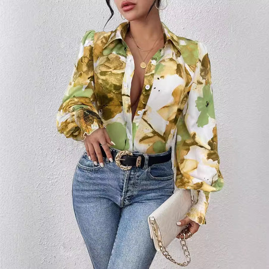Women's Lapel Bubble Long Sleeve Loose Printed Blouses