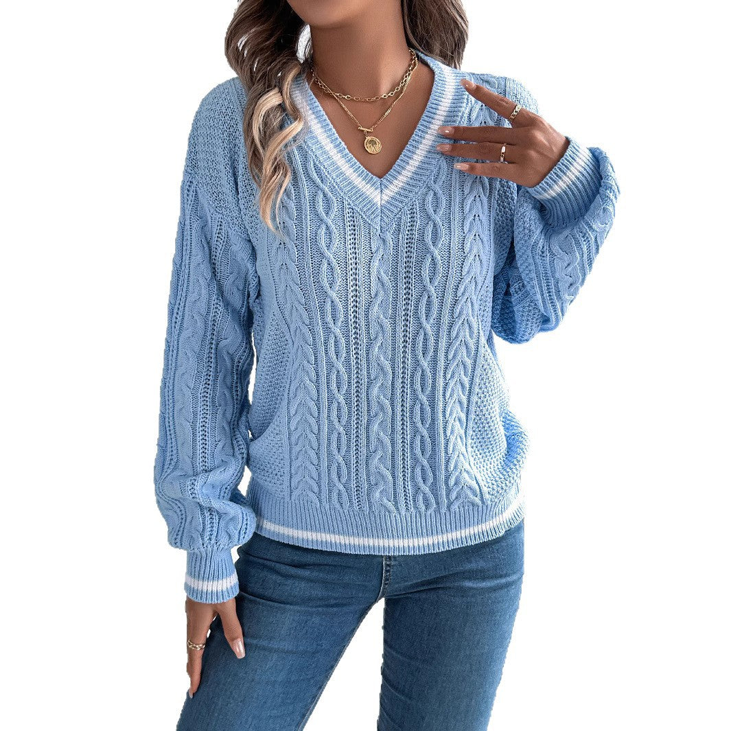 Women's College Style V Neck Twist Lantern Long Sweater