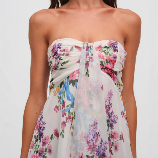 French Style Printed Translucent Floral Strapless Skirts