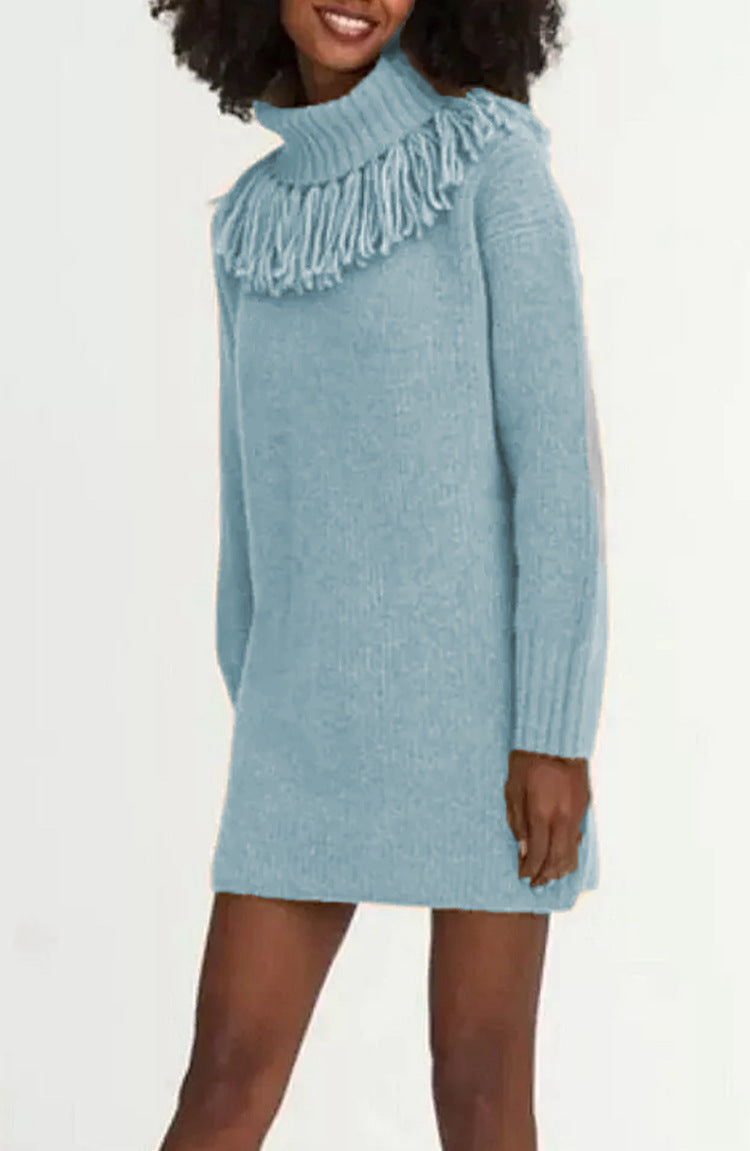 Knitted Tassel Bucket Turtleneck Dress Mid-length Women's Sweater