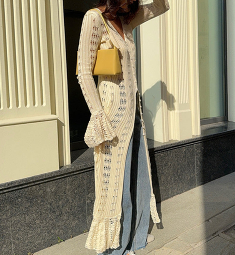 Women's Long Knitted Design Ruffled Idle Style Outer Flared Dress