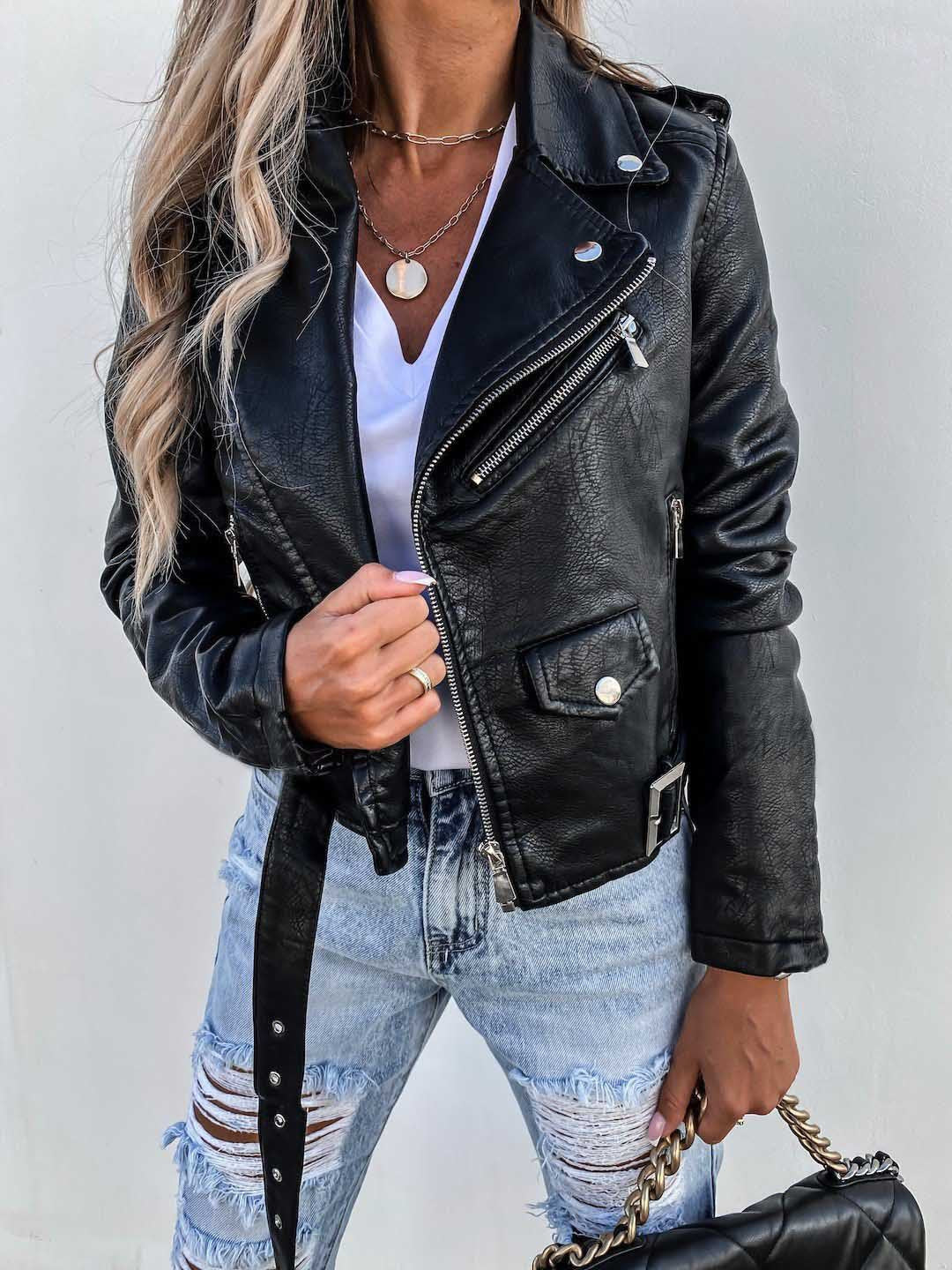 Women's Popular Russian Leather Motorcycle Zipper Jackets