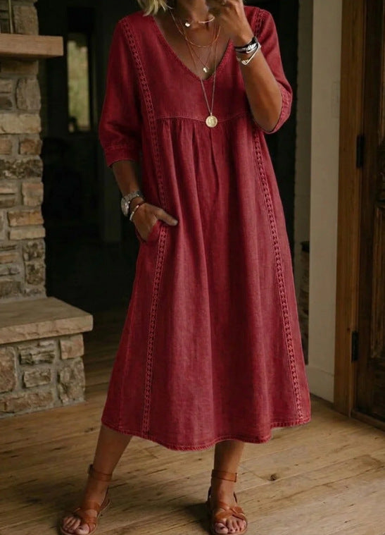 Casual Loose Stitching Lace Cotton Linen Dress