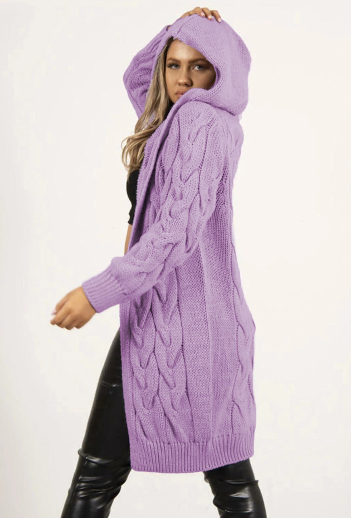 Women's Twist Braid Idle Style Hooded Mid-length Women's Sweater