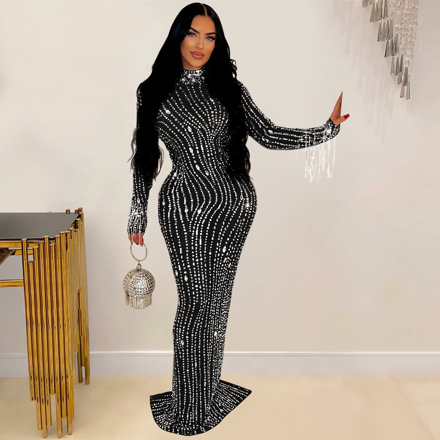 Women's Wear Pure Color Mesh Rhinestone Dress Dresses