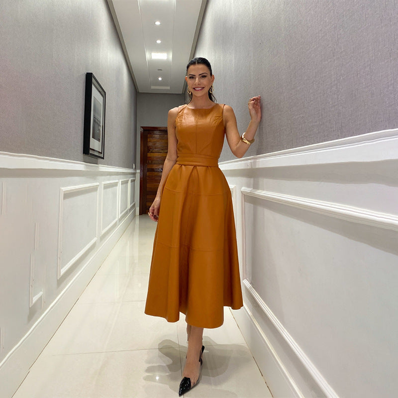 Spring Sleeveless Leather Elegant Waist Solid Dresses
