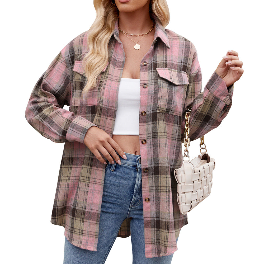 Women's Casual Fashion Loose Plaid Pocket Shirt Blouses