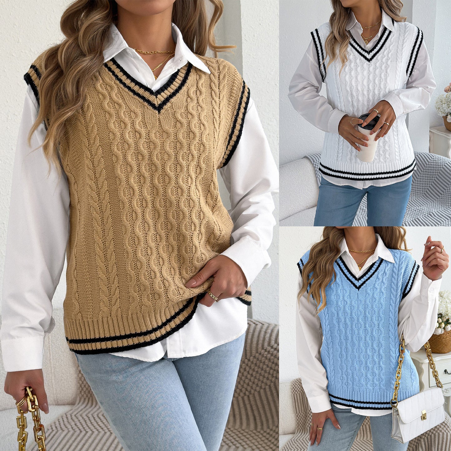 Women's College Style Contrast Color Twist Sleeveless Sweater